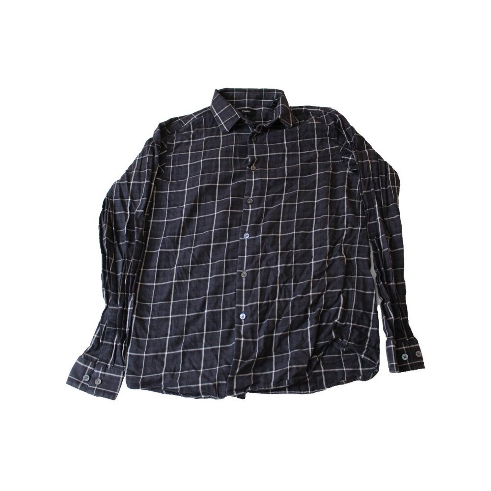 Theory Mens XS Charcoal Gray White Windowpane Check Button Down Shirt